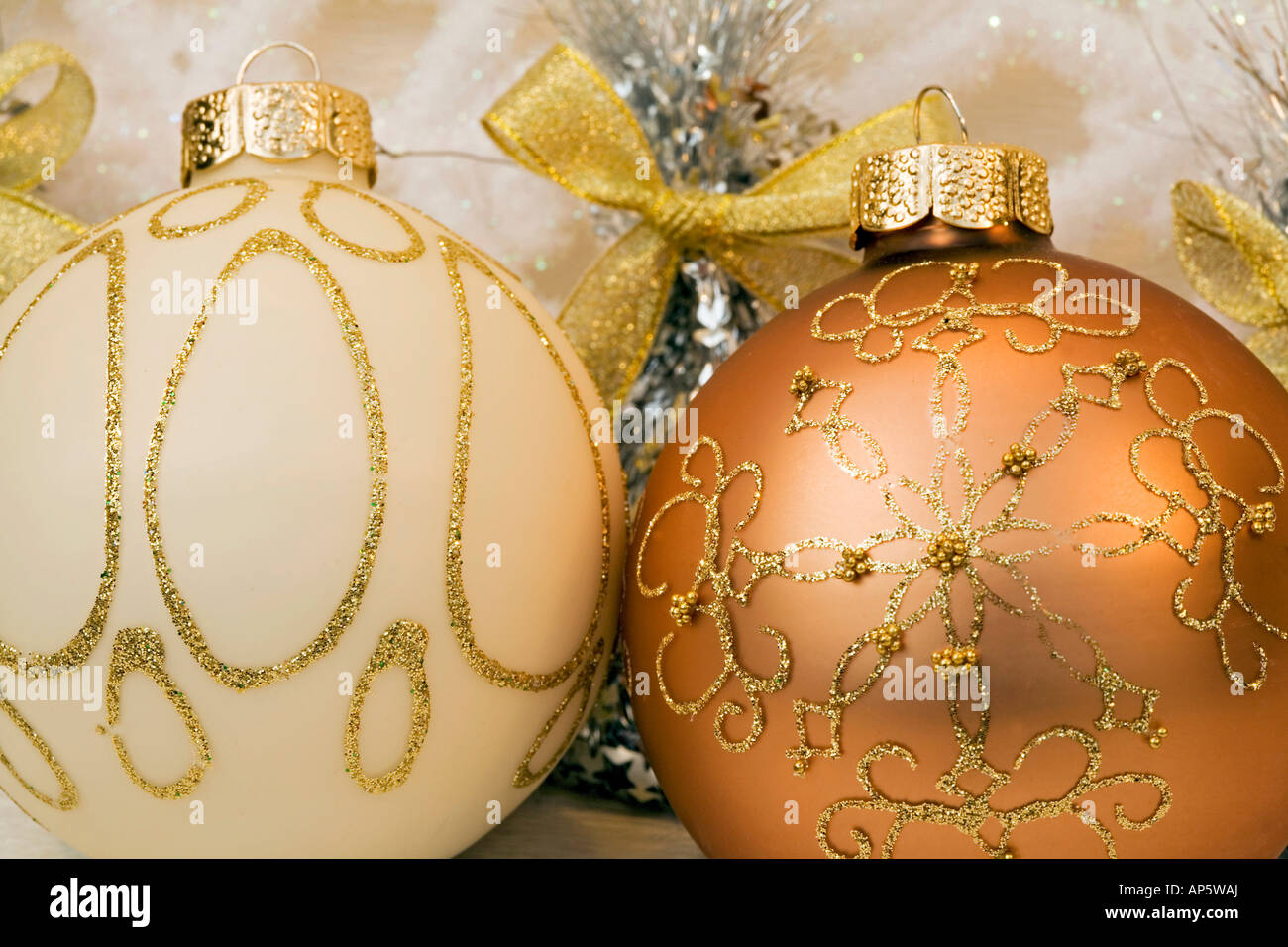 Christmas festive decorations bauble`s ribbon and tinsel to decorate tree Stock Photo